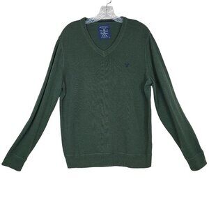 American Eagle V-Neck Sweater Men M Green Cotton Knit Pullover Classic Fit